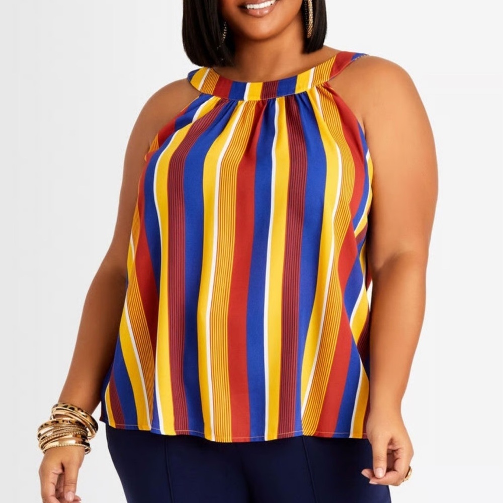 Ashley Stewart Striped Halter Top 22/24 Plus Size Tie Neck Multicolor Rainbow